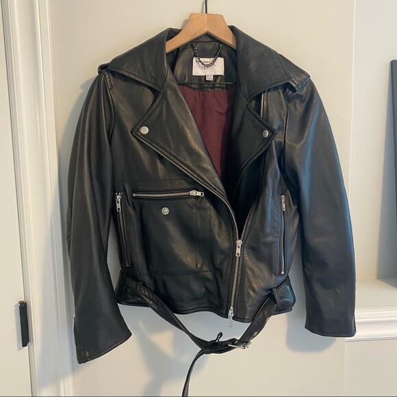 MUUBAA Black Sheep Leather Crop Moto Belted Jacket 4 - Picture 12 of 12